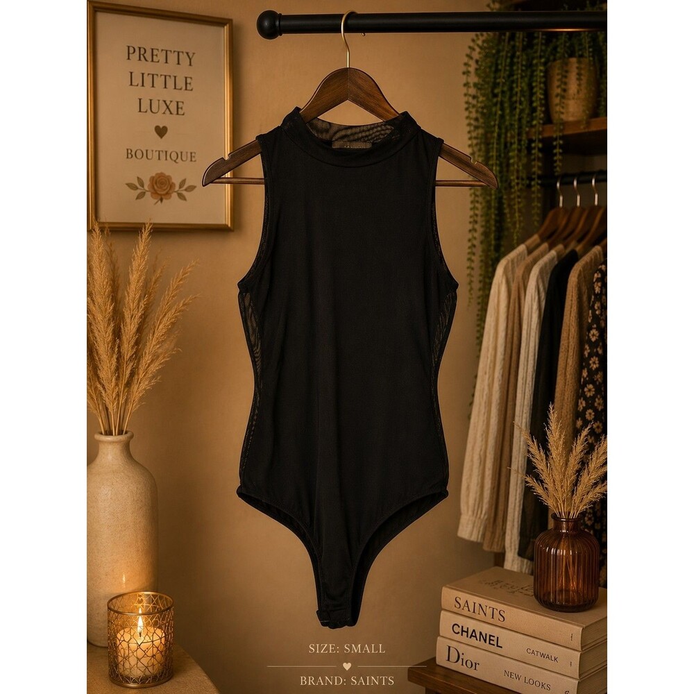Women's Black Sleeveless Mock Neck Bodysuit - High Neck Slim Fit Leotard - Basic